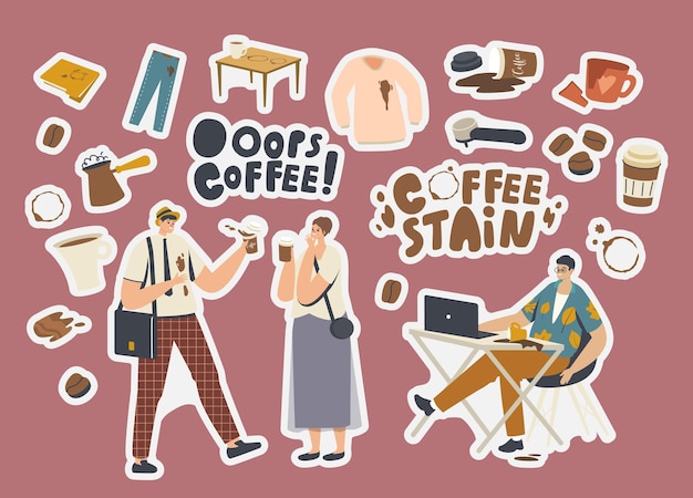 Juego de pegatinas de manchas de café. Personajes torpes, Cezve con bebida, Camisa o pantalón con manchas, Filtro de máquina de café, Taza rota y Carpeta de documentos con círculos marrones. Ilustración vectorial de dibujos animados