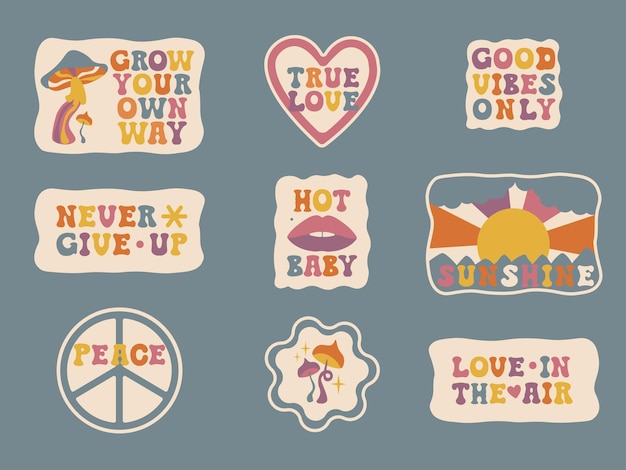 Juego de pegatinas de motivación Groovy. Estampados alegres hippies y frases populares.