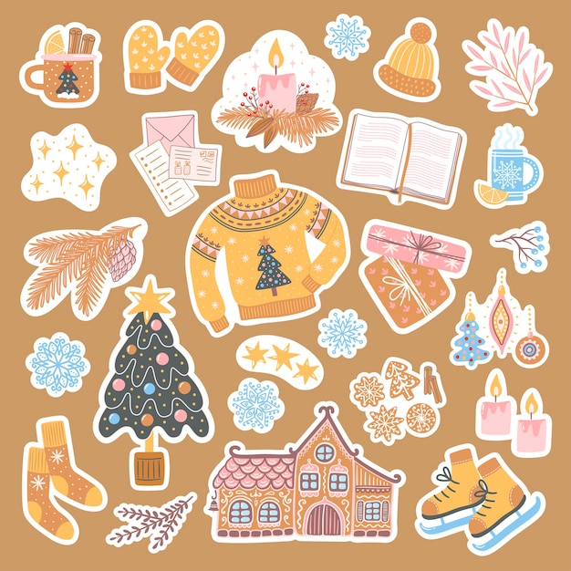 Juego de pegatinas para Navidad y año nuevo. Lindas y acogedoras ilustraciones dibujadas a mano con árbol de Navidad, pan de jengibre, regalos, copos de nieve y otros elementos de temporada.