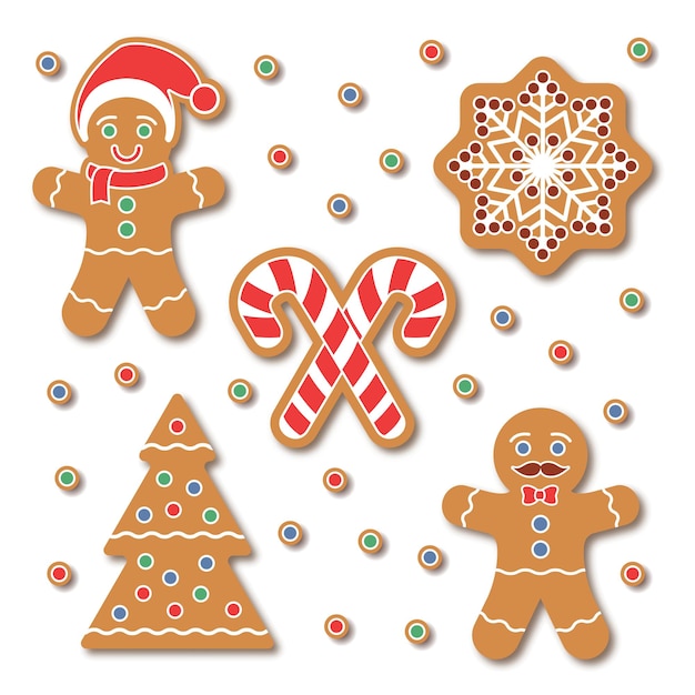 Juego de pegatinas navideñas para galletas de jengibre. galletas de colores tradicionales con copos de nieve, árbol de navidad, bastón de caramelo aislado en blanco. elementos de diseño gráfico de vacaciones para álbumes de recortes, pegatinas, insignias