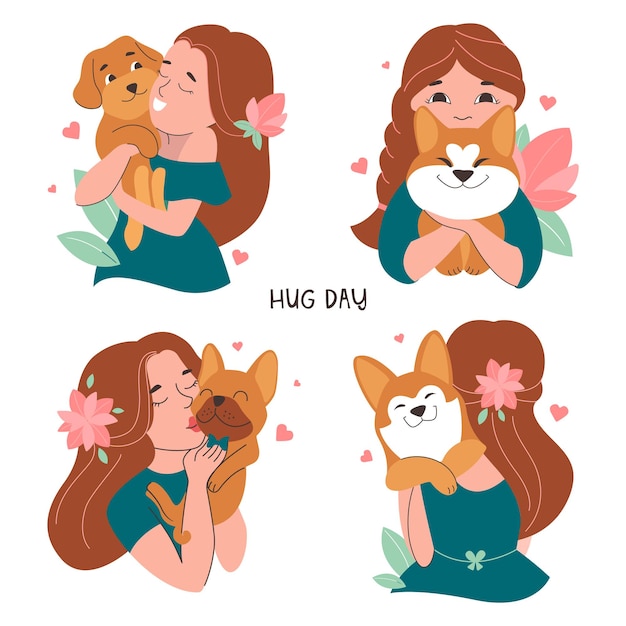 Vector el juego de pegatinas con niñas abrazando perros es bueno para el día del abrazo, el diseño de la amistad, la fiesta del perro. los perros enamorados son buenos para los diseños navideños, el día de san valentín. la ilustración vectorial