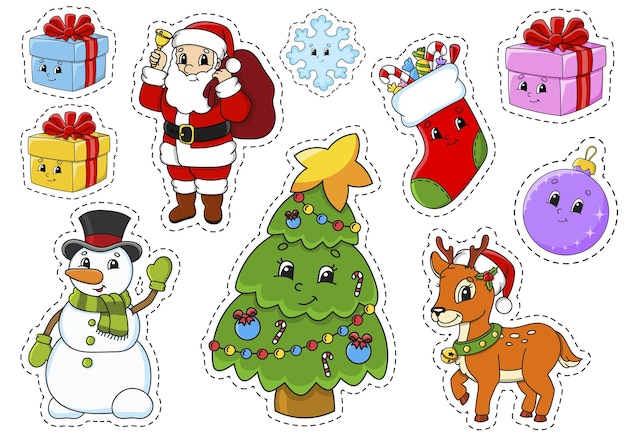 Vector juego de pegatinas con personajes de dibujos animados lindo tema navideño