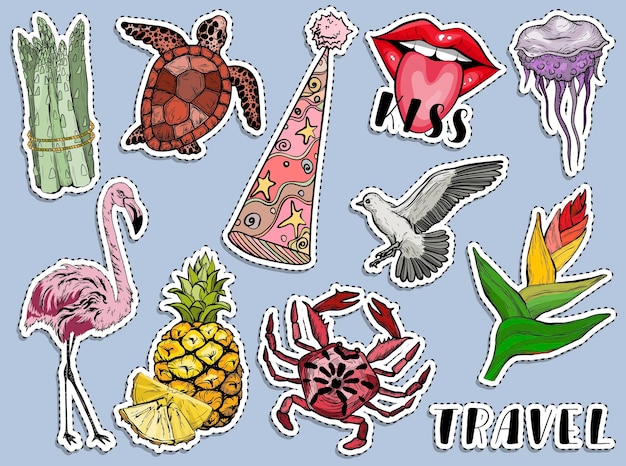 Vector juego de pegatinas de verano animales y plantas del paraíso.