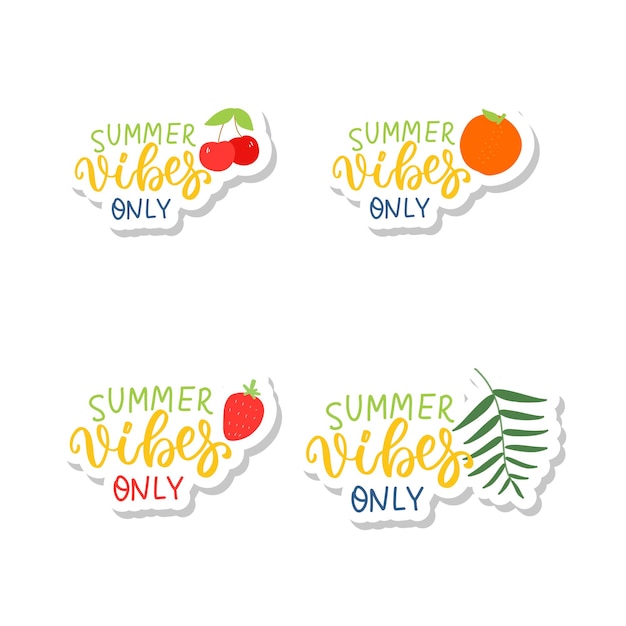 Juego de pegatinas de vibraciones de verano con hoja de palma, bayas naranjas, cereza, fresa, verano, vacaciones en la playa