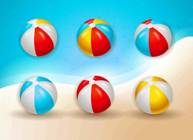 Juego de pelota de playa realista en color blanco, azul, rojo y amarillo con un diseño de logotipo de fondo sumergible