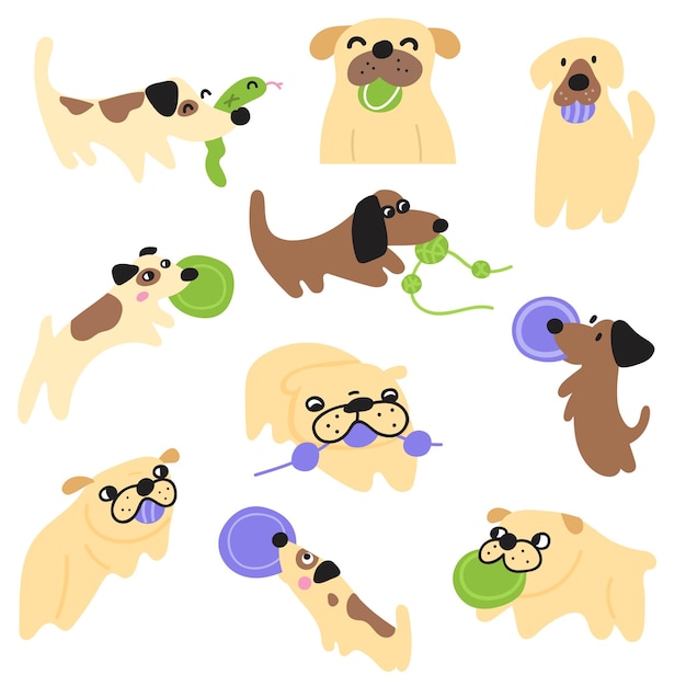 Juego de perros jugando con juguetes vector ilustraciones de iconos dibujados a mano sobre fondo blanco