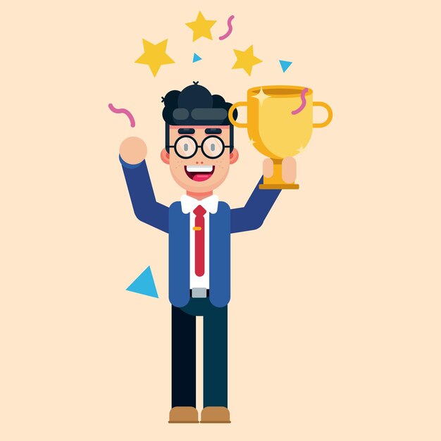 Juego de personaje de empresario de dibujos animados traje de empleado de oficina masculino con trofeo