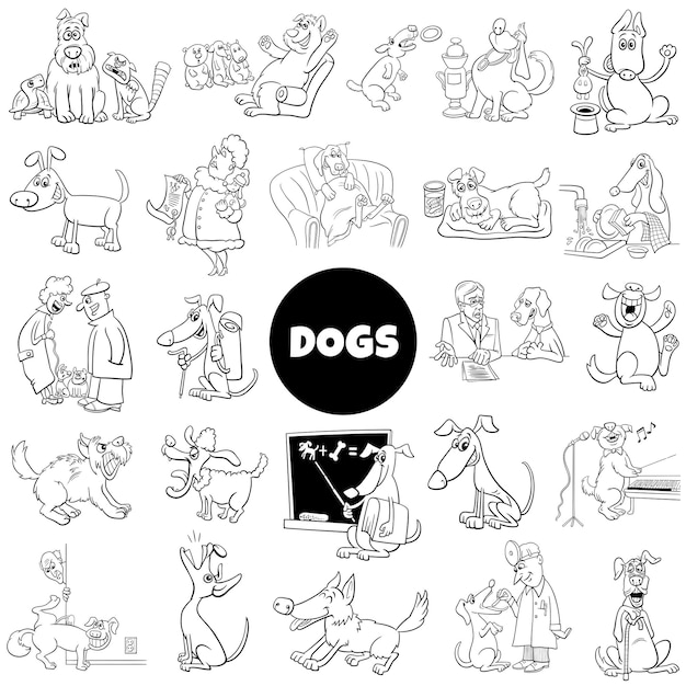 Juego de personajes de dibujos animados de perros y cachorros para colorear página