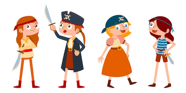 El juego de personajes de mujer pirata vectorial contiene capitán, marinero, tripulación en varias poses y emociones para el diseñador gráfico