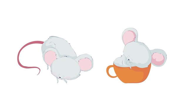 El juego de personajes de ratones divertidos y lindos. Los ratones durmientes son una ilustración vectorial de dibujos animados.
