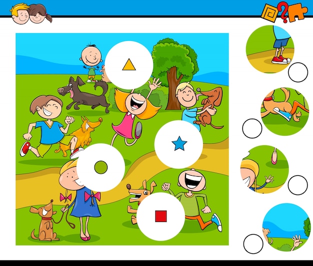 juego de piezas rompecabezas con niños y mascotas
