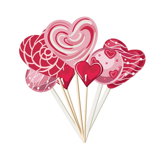 Juego de piruletas Pasteles y dulces objetos decorativos para el Día de la Madre Día de San Valentín Día de la Mujer y San Valentín Estilo de dibujos animados ilustración vectorial