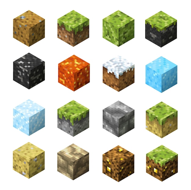 Juego de píxeles bloques de hierba piedra hielo y agua