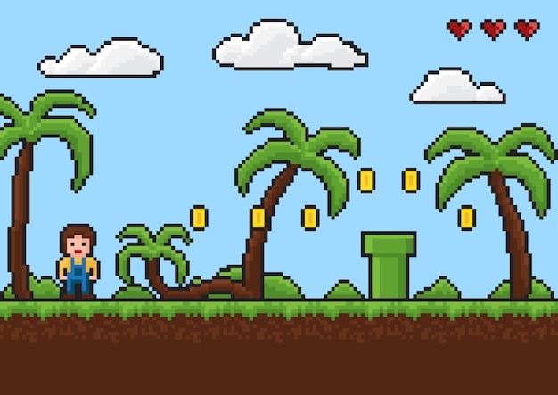 Vector juego de píxeles de estilo antiguo, palma, ilustración de trópicos