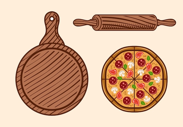 Vector juego de pizza de objetos de color vectorial con tabla de cortar de madera y rodillo aislado en fondo blanco