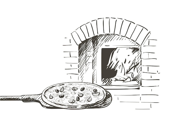 Vector juego de pizza, pala, horneada en horno de leña. pizza caliente recién hecha al estilo rústico italiano con aceitunas, champiñones y queso a leña. ilustración de dibujo a mano de dibujo de línea vintage vector