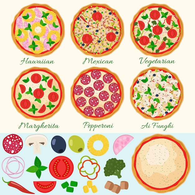 Vector juego de pizza. pizza hawaiana, margherita, pepperoni, vegetariana, mexicana, de champiñones. ingredientes de pizza aislados