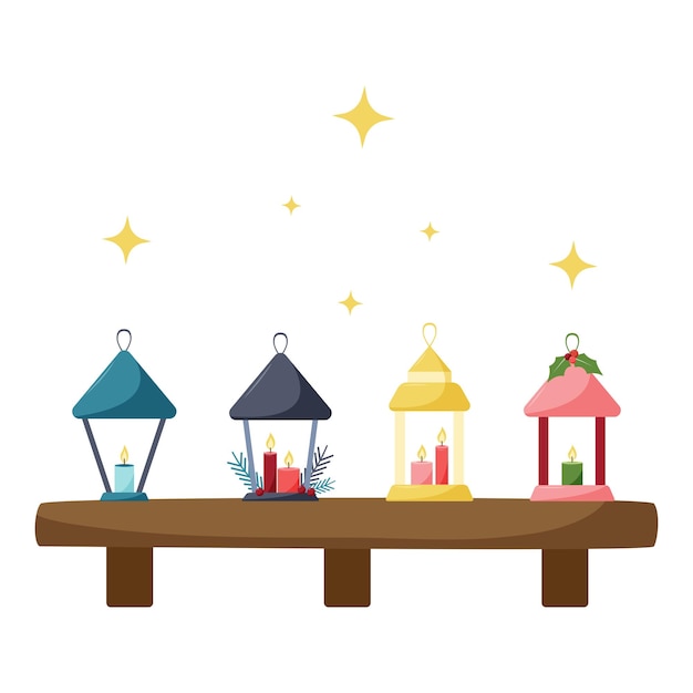 Juego plano de farolillos navideños con velas. Decoración navideña. Las linternas están en el estante.