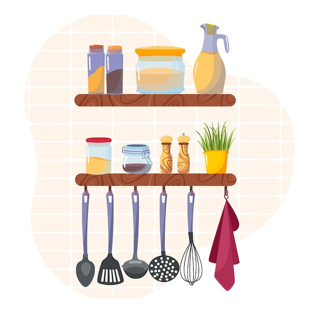 Juego de platos accesorios de cocina en estantes.