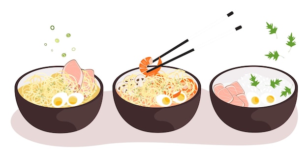 Vector juego de platos asiáticos en tazones. ramen. arroz y carne. ramen de camarones cocina asiática.