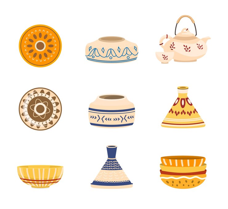 Vector juego de platos de cerámica, tetera, jarra, cuencos, jarrón con adorno