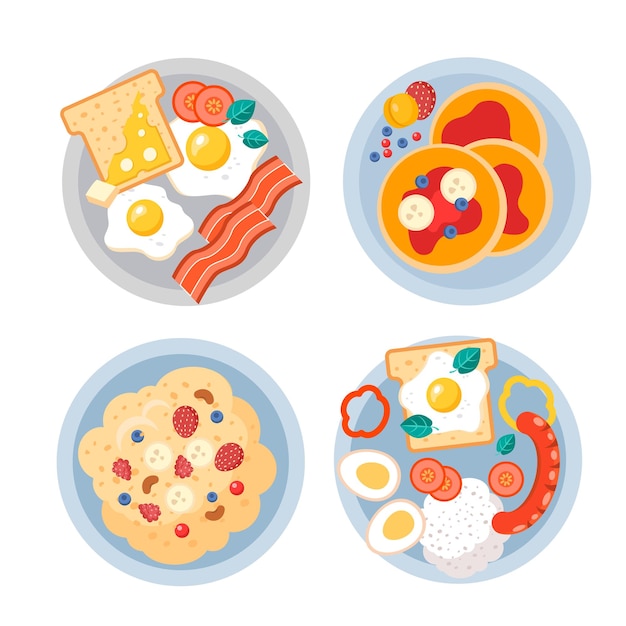 Vector un juego de platos saludables para el desayuno con huevo frito y tortitas tostadas de tocino con mermelada