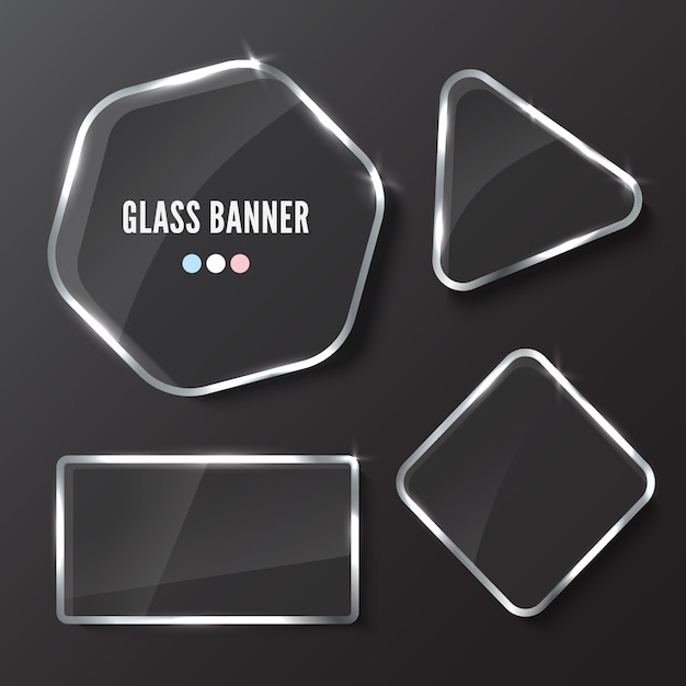 Juego de platos de vidrio. banners transparentes realistas sobre fondo oscuro