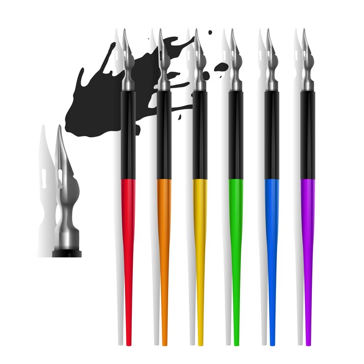 Vector juego de plumas estilográficas derramando tinta oscura, estilo realista ilustrado