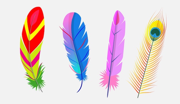 Juego de plumas de pájaros de colores realistas. plumas de ganso de varias formas y colores. pluma de ganso