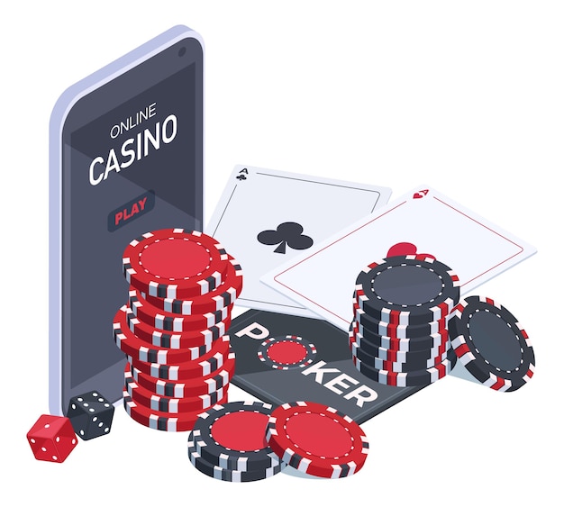 Juego de póquer en línea isométrico Juego de casino en línea de aplicación móvil con cartas, dados y fichas Ilustración de vector de juego de póquer en Internet aislado en fondo blanco