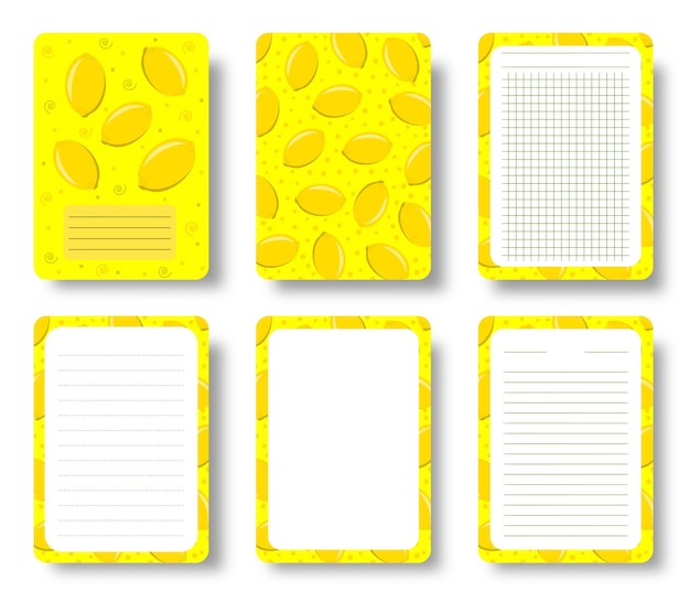 Vector juego de portada y páginas de cuaderno de frutas de limón patrón de cítricos con plantilla de hoja forrada de espacio de copia para diario de cuaderno de cuaderno anual impresión fresca de alimentos saludables para diario de folleto de revista