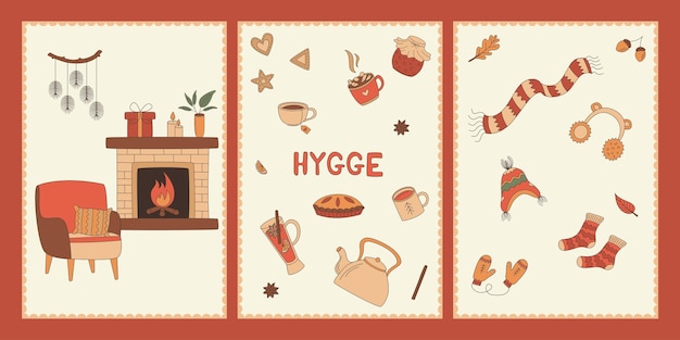 Vector un juego de postales hygge un sillón una chimenea ropa de abrigo bebidas calientes un pastel hojas de otoño