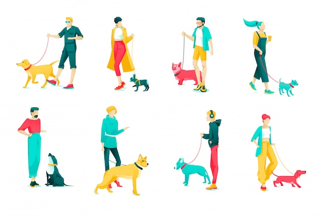 Juego de Póster Personaje de Perros Dueños, Dibujos Animados Planos