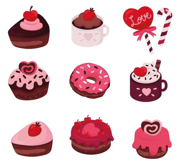 Juego de postres de amor con ilustraciones de chocolate y café, dulces y donas rosas