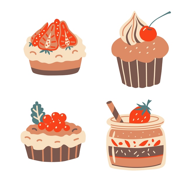 Juego de postres Cupcakes y mini tartas Vector elementos dibujados a mano