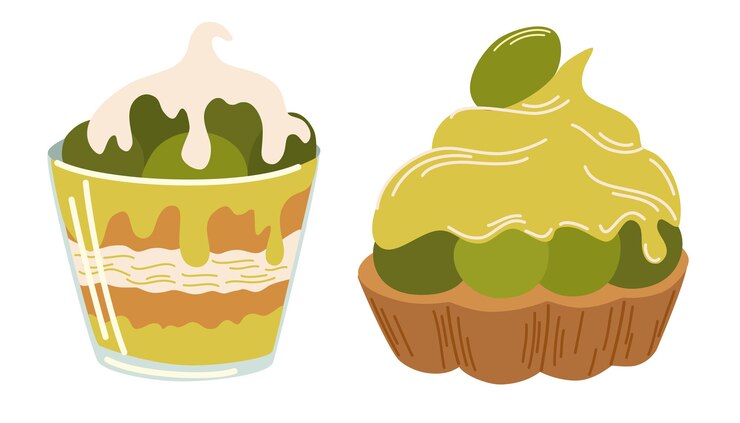Vector juego de postres matcha comida japonesa matcha roll comida asiática perfecta para restaurante cafetería e imprimir menús ilustración de dibujos animados de dibujo a mano vectorial
