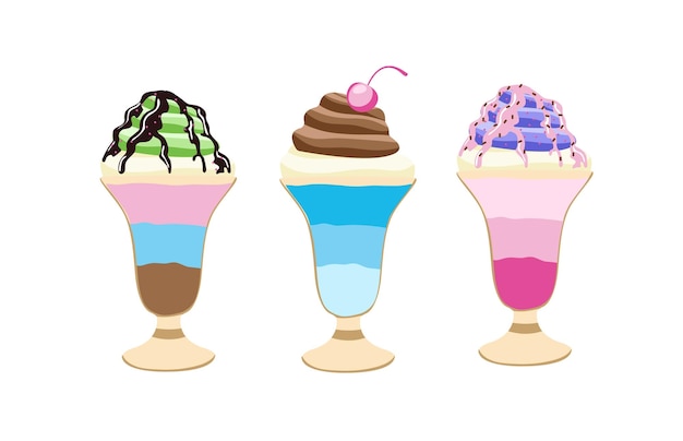 Vector juego de postres refrescantes de helado bolas y helado suave en un tazón de vidrio fácil de combinar y volver a colorear objetos vectoriales