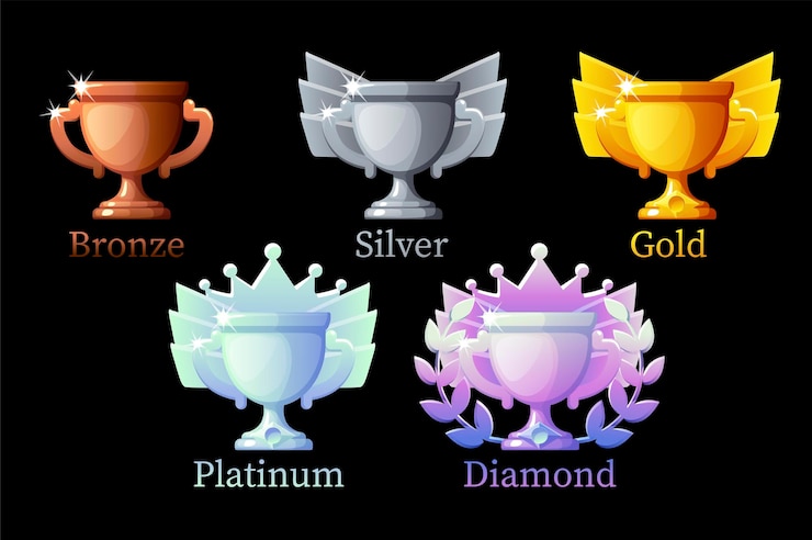 Vector juego de premios copa, oro, plata, platino, bronce, copas de diamantes animación de 6 pasos