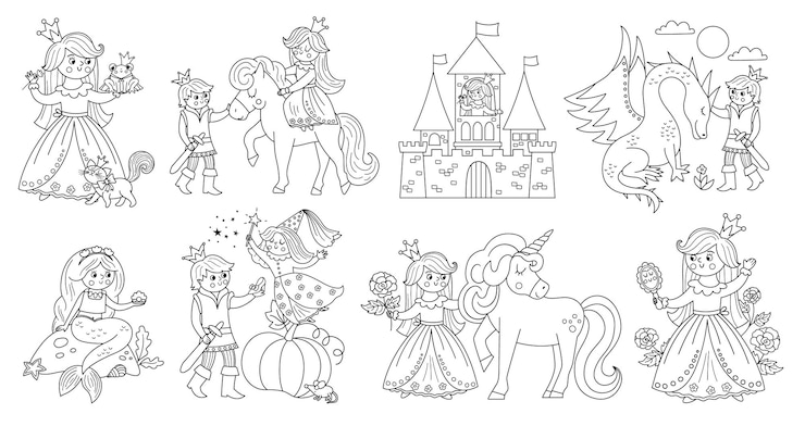 Vector juego de princesa vectorial en blanco y negro de cuento de hadas colección de chicas de línea de fantasía criada de cuento de hadas medieval para colorear página de dibujos animados femeninos paquete de iconos mágicos con la bella durmiente rana princexa