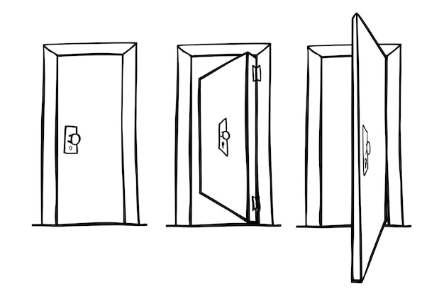 Juego de puertas 3 vector simple dibujar a mano boceto cerrar abrir