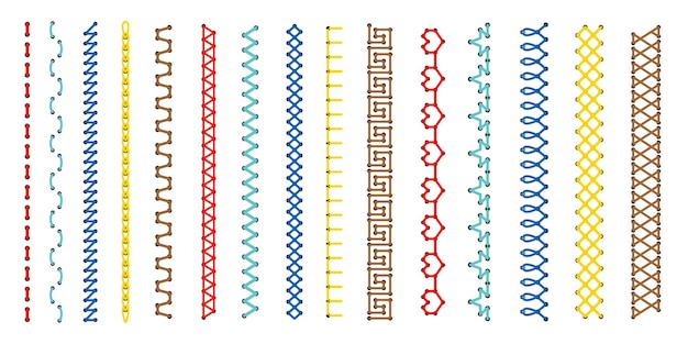 Juego de puntadas de bordado. Conjunto de bordes de puntadas de cruz y línea