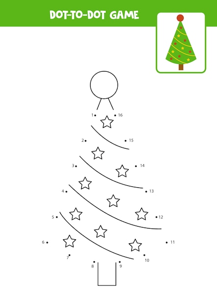 Juego de punto a punto con abeto de Navidad de dibujos animados. Conecta los puntos. Juego de matemáticas. Imagen de puntos y colores.