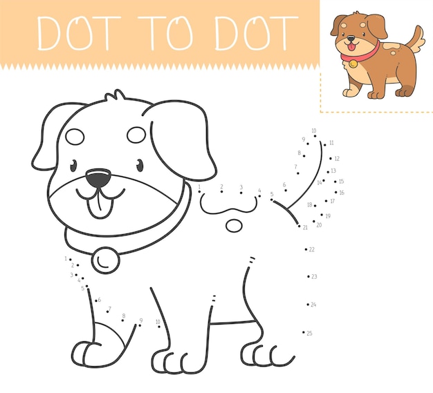 Juego punto a punto libro para colorear con perro para niños Página para colorear con un lindo cachorro de dibujos animados