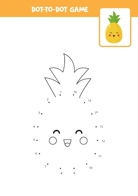 Juego de punto a punto con linda piña kawaii Conecta los puntos Juego de matemáticas Imagen de punto y color