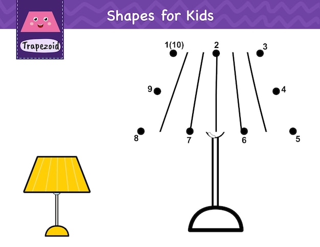 Juego de punto a punto para niños. Conecta los puntos y dibuja una lámpara de pie. Actividad de aprendizaje de formas trapezoidales