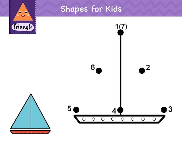 Juego de punto a punto para niños. Conecta los puntos y dibuja un velero. Actividad de aprendizaje de forma de triángulo
