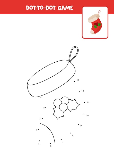 Juego de puntos con calcetín navideño. Conecta los puntos. Juego de matemáticas. Imagen de puntos y colores.