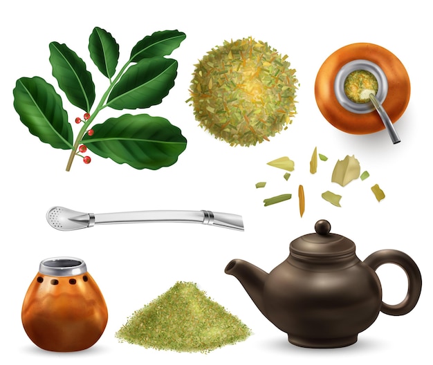 Juego realista de té de yerba mate con ilustración de vector aislado de equipo de bebida