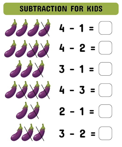 Juego de resta con berenjenas Un juego matemático en desarrollo para niños en edad preescolar de jardín de infantes