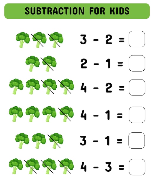 Juego de resta de brócoli juego de matemáticas para niños en edad preescolar Ilustración vectorial